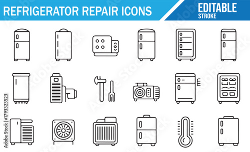 Appliance Repair Vector Icon Set Featuring Refrigerators and Components