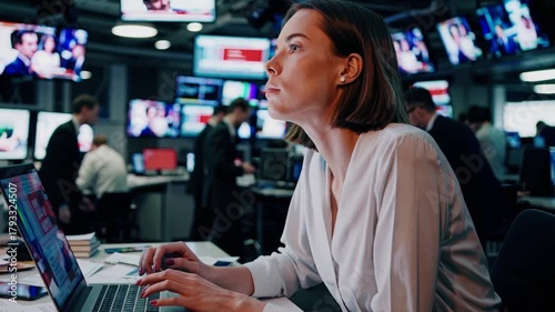 Caucasian woman journalist typing on laptop amid busy studio monitors, colleagues moving in background, multiple TV screens showing headlines, focused expression, fast paced editing and live coverage,