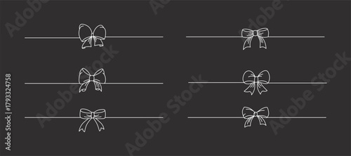 Hand drawn girly coquette bow ribbons banner set. Editable stroke line. Vector stock illustration isolated on black background for design template birthday, wedding, Christmas card, invitation, sale.