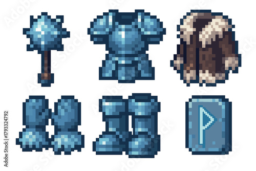Pixel art style depicts an array of blue medieval armor and weapons, including a mace, body armor, fur-trimmed coat, gauntlets, boots, and a rune-inscribed shield.