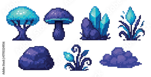 Collection of pixel art featuring a blue tree, a blue mushroom, crystal formations, and abstract foliage in a fantasy style.