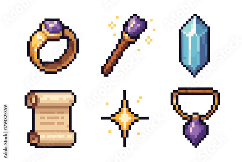 Pixel art icons depicting a fantasy theme with a magical ring, enchanted staff, crystal shard, ancient scroll, shining star, and mystical amulet.