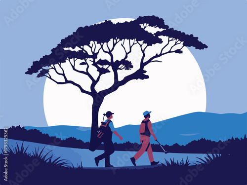 Golfer with caddie walking on golf course vector illustration