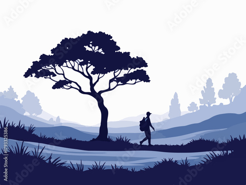 Golfer silhouette walking on scenic golf course vector illustration