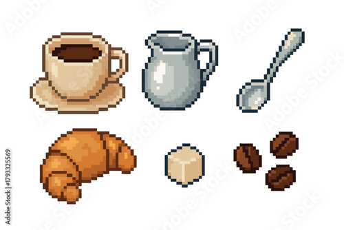 Pixel art illustration of a cup of coffee, milk jug, spoon, croissant, sugar cube, and coffee beans on a white background.