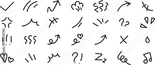 Hand Drawn Doodles Arrows, Hearts, Question Marks, Exclamation Marks and Other Black Elements
