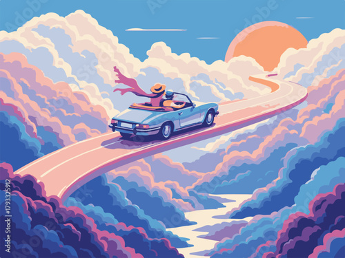 Couple road trip sunset beach vector