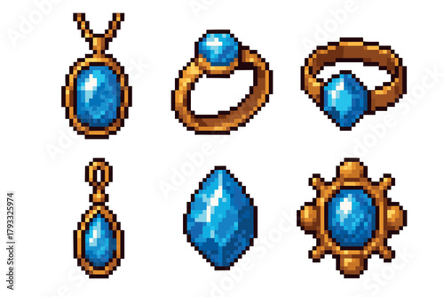 Pixel art icons of various gold jewelry pieces featuring blue gemstones, including necklaces, rings, and standalone gems, highlighting a retro style.