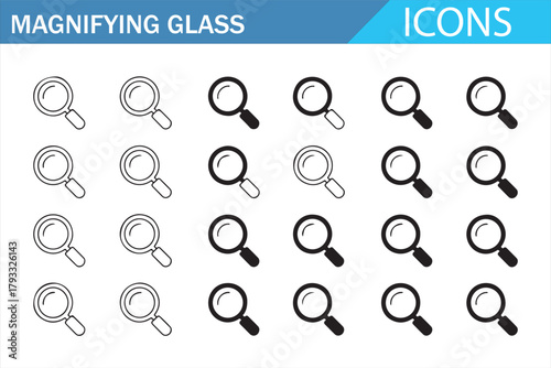 Magnifying lens vector set in simple stylish line art