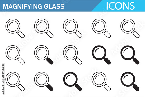 Minimal magnifying glass icons for analytics and research graphics