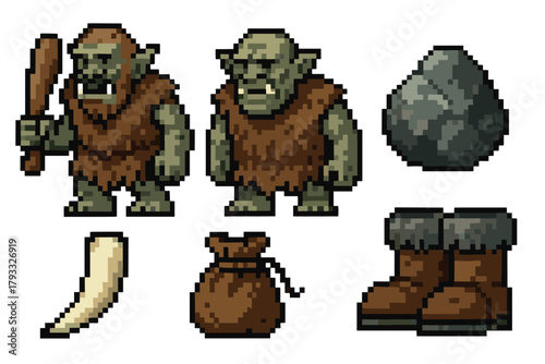 Pixel art collection featuring two ogres with rough clothing, alongside various game items including a stone, tusk, pouch, and fur-lined boots.