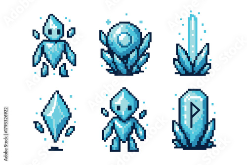 Six pixel art blue crystal sprites arranged in two rows, featuring humanoid figures and geometric shapes with glowing accents.