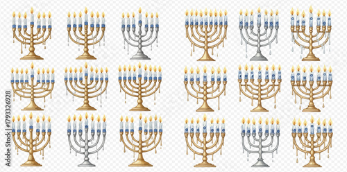 A collection of gold and silver menorahs with lit blue and white candles and dripping wax, set against a transparent background.