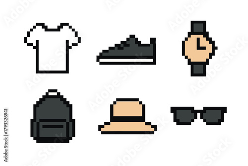 Pixel art icons of essential fashion items featuring a t-shirt, sneaker, watch, backpack, hat, and sunglasses in a retro style.