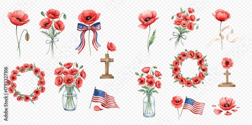 Watercolor collection of red poppies, wreaths, bouquets, American flags, and crosses, ideal for Memorial Day or Remembrance Day designs.