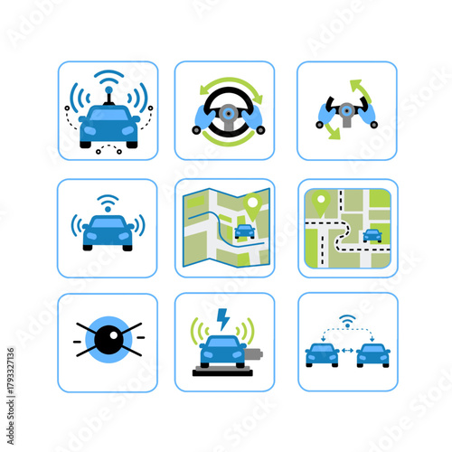 autonomous car technology icons set: self-driving, navigation, electric vehicle, and control systems