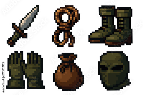 Pixel art collection of six survival gear items including a knife, rope, boots, gloves, bag, and balaclava, all with a retro video game aesthetic.