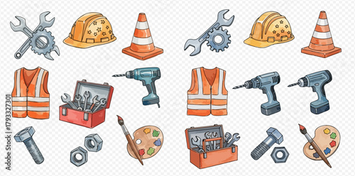 A collection of hand-drawn construction and DIY tools including hard hats, wrenches, drills, safety vests, and traffic cones.