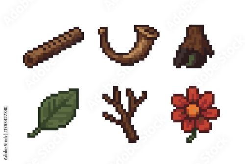 Set of six pixel art nature icons, including a log, horn, tree stump, leaf, branch, and flower, designed in a retro video game style.