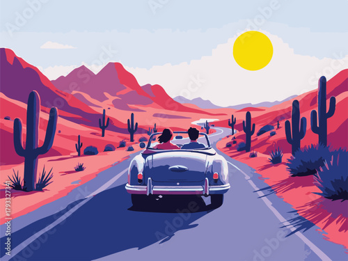 Couple road trip sunset beach vector