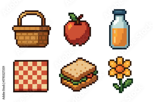 Pixel art set of picnic items featuring a wicker basket, red apple, bottle of orange juice, checkered blanket, sandwich, and blooming flower.