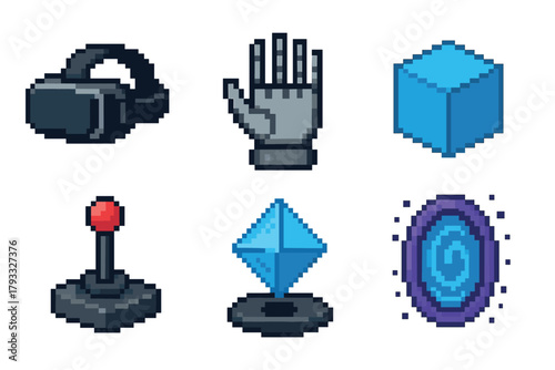 Pixel art icons depicting a vr headset, robotic hand, blue cube, joystick, diamond, and portal, representing futuristic and gaming themes.