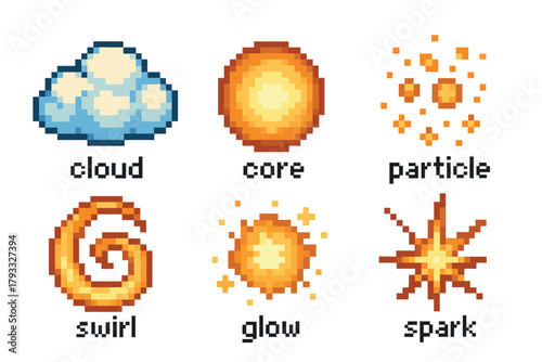 Pixel art icons display cloud, core, particle, swirl, glow, and spark elements with vibrant colors and detailed design.