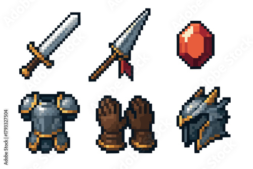 Pixel art icons of medieval weaponry and armor featuring a sword, spear, red gemstone, chest armor, gloves, and a dragon-themed helmet.