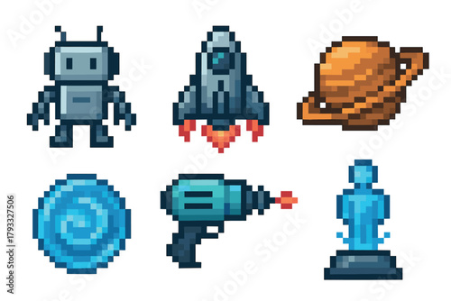 A collection of pixel art icons featuring a robot, a rocket with flames, the planet saturn, a circular swirl, a futuristic ray gun, and a human statue.
