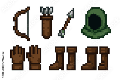 Pixel art image displaying medieval archer equipment including a bow, arrow, quiver, hood, gloves, and boots in a retro gaming style.