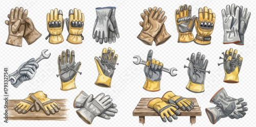 Watercolor illustration set of various work gloves, including protective gear for mechanics and gardeners, some holding wrenches and nails, on a transparent background.