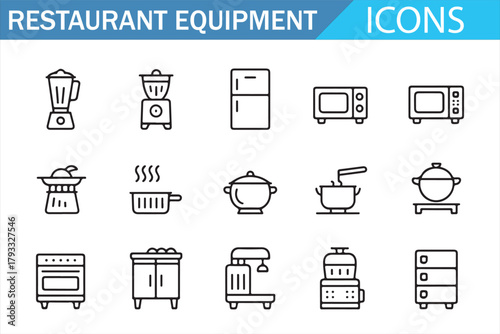 Modern kitchen tool outline icons for food service design projects