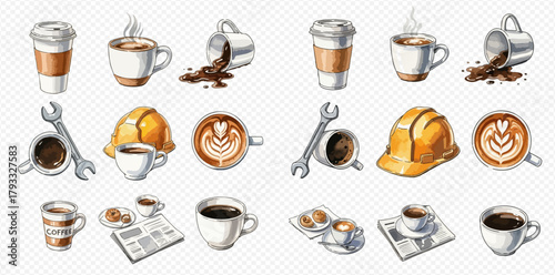 A collection of watercolor illustrations depicting various coffee items and work-related objects like a wrench and hard hat.