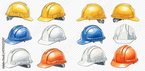 Collection of various colored hard hats, safety helmets for construction workers and industrial use, watercolor style illustration.