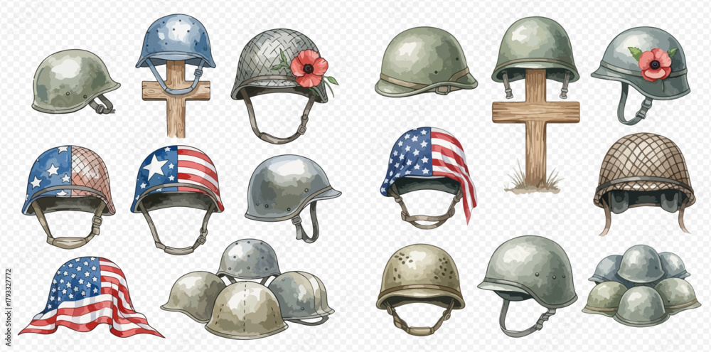 Obraz premium Watercolor illustration set featuring various military helmets, some adorned with American flags and poppies, alongside memorial crosses, symbolizing war, patriotism, and remembrance.