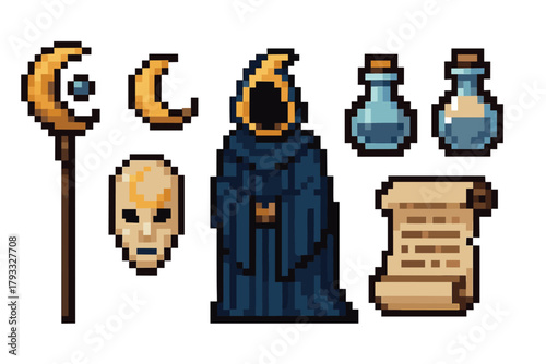 Pixel art set featuring a wizard's cloak, crescent moon staff, potion bottles, ancient scroll, crescent moon, and a mysterious mask.