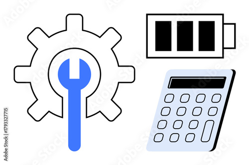 Large gear with blue wrench inside, battery icon, and calculator illustrating maintenance, energy, and calculation concepts. Ideal for business, energy efficiency, repair, tools finance innovation