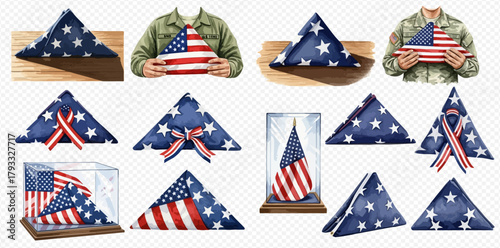 A collection of watercolor illustrations depicting various folded American flags, some held by military personnel, others with ribbons or in display cases, symbolizing patriotism and remembrance.