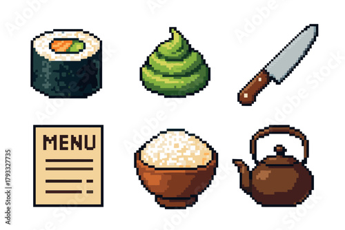 Pixel art icons depicting sushi roll, wasabi swirl, kitchen knife, menu card, rice bowl, and teapot, representing various elements of japanese cuisine.