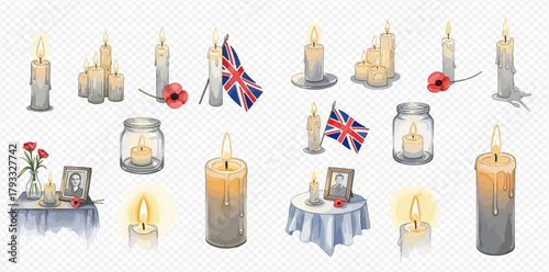 Watercolor collection of remembrance day elements including lit candles, red poppies, and Union Jack flags for memorial services.