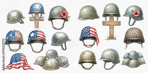 Watercolor illustration set featuring various military helmets, some adorned with American flags and poppies, alongside memorial crosses, symbolizing war, patriotism, and remembrance.