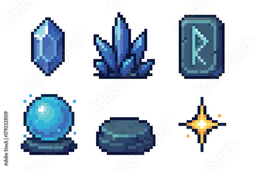 Pixel art icons featuring a set of magical blue crystals, a rune stone, a glowing orb, and a sparkling starburst.
