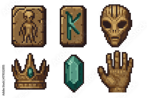 Set of six pixel art-style icons depicting a rune, mysterious mask, regal crown with jewel, ancient tablet, glowing crystal, and an outstretched hand.