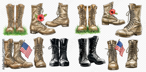 Collection of watercolor illustrations featuring various military boots, some adorned with poppies and American flags, symbolizing remembrance and patriotism.