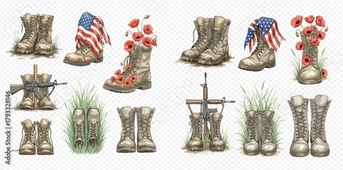 Watercolor illustrations of military boots with American flags, poppies, and memorial crosses.