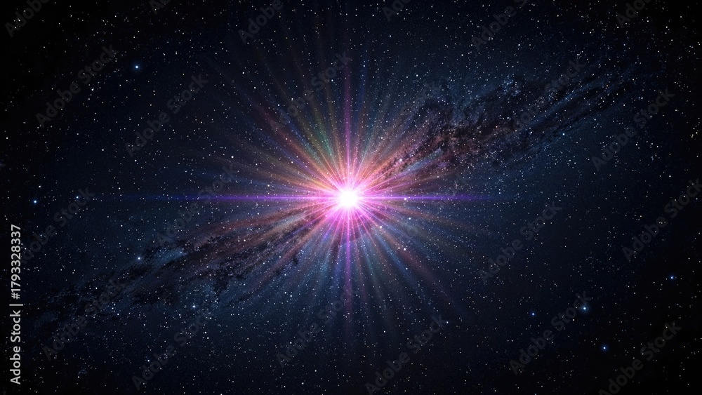 Fototapeta premium Bright cosmic explosion or starburst with radiant light and colorful rays in deep space with stars and galaxy background.