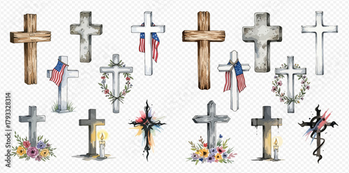 Schilderij op canvas A collection of watercolor Christian crosses in various styles, including wooden, stone, and metal designs, some adorned with flags, flowers, or candles, on a transparent background
