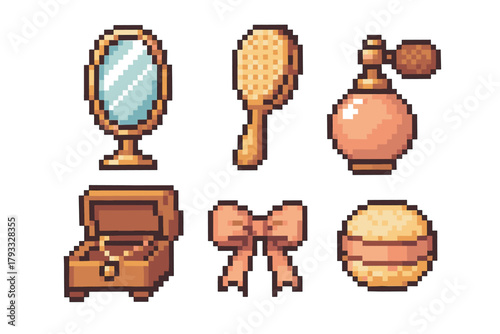 Set of six pixel art icons featuring a mirror, hairbrush, perfume bottle, jewelry box, bow, and a decorative macaron.