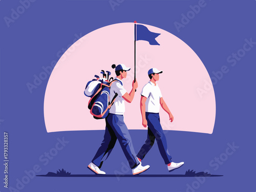 Golfer with caddie walking on golf course vector illustration