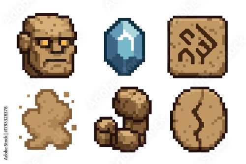 Six pixel art stone-themed icons including a golem head, a crystal, a carved stone, a dust cloud, a stone arm, and an oval rock split by a crack.